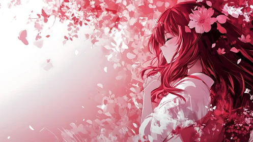 Crimson daydream girl in a storm of petals and silence.