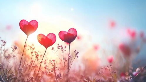 Heart-shaped flowers with botanical elements in soft atmospheric light.