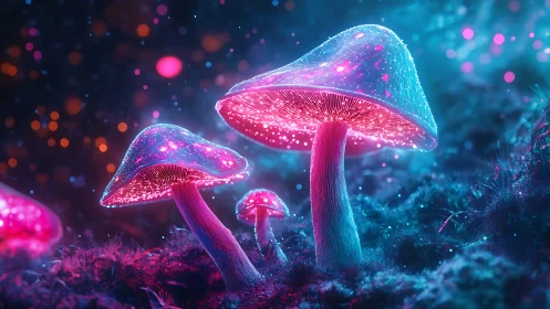 Glowing neon mushrooms in bioluminescent fantasy forest.