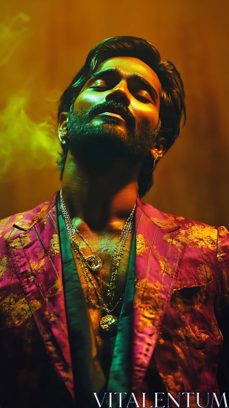 Smoldering portrait in neon gold and magenta tailoring.