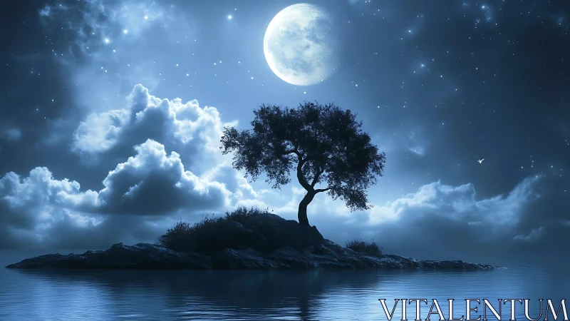 Lonely moonlit tree crowns a tranquil island under stars