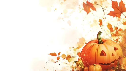 Jack-o&rsquo;-lantern pumpkin glows amid stylized autumn foliage