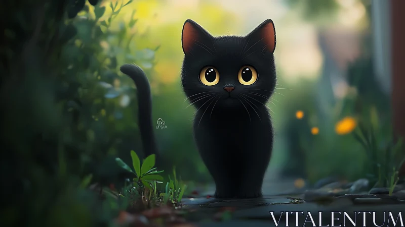 Black Cat with Golden Eyes in Botanical Garden Setting.