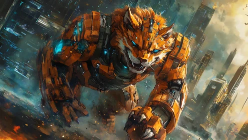 Cybernetic tiger mecha rampaging through futuristic megacity.