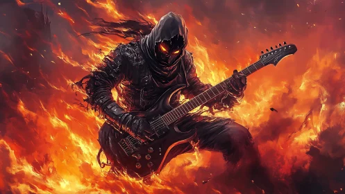 Hooded fiery guitarist surrounded by intense swirling flames.