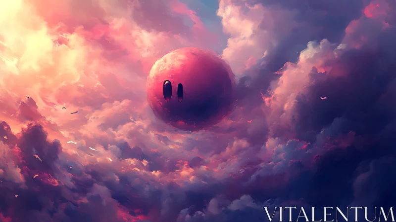 Surreal pink planet drifts through luminous storm clouds.