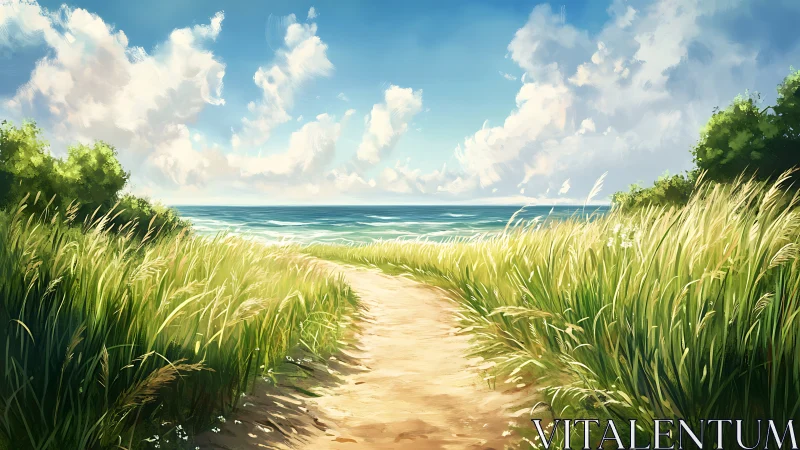 Sunny coastal path through tall dune grass to calm sea.