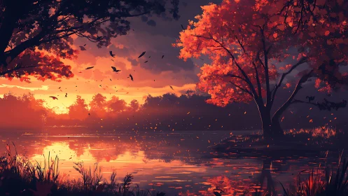 Fiery autumn lakeside sunset beneath crimson foliage.