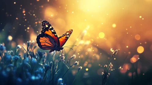 Monarch butterfly rests on wildflowers at warm sunset light