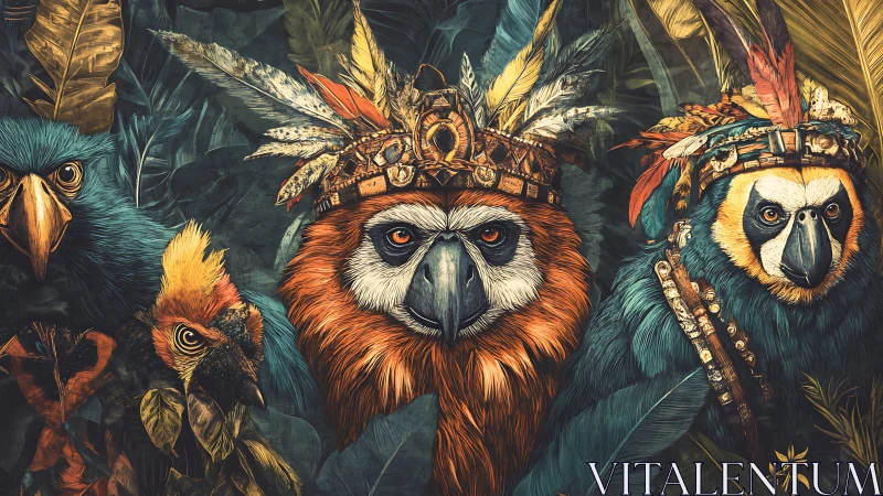 Vibrant Illustrated Parrots Wearing Tribal Headdresses in Jungle Scene.