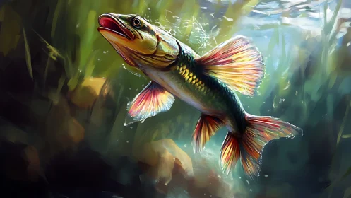 Digital painting of leaping freshwater fish in lit river.