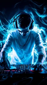 Electric DJ bends neon smoke into pulsing midnight rhythms