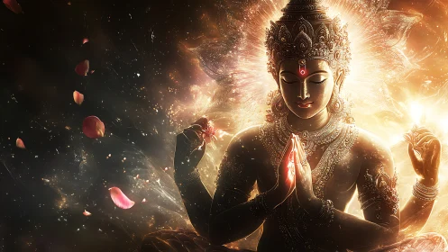 Radiant celestial deity in meditative aura of golden light.