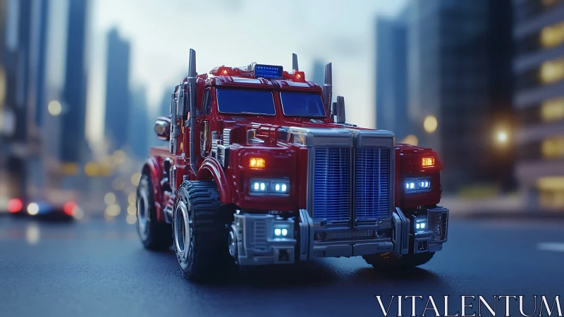 Red futuristic semi truck on city street at dusk.