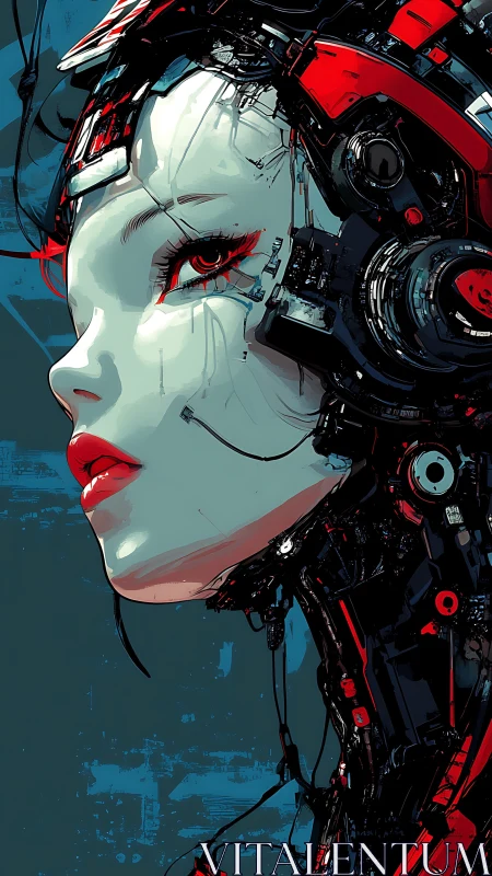 Side profile cyborg portrait merges human face and exposed tech