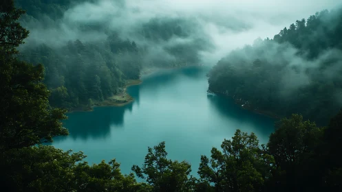 Foggy forest lake with dense green hills and misty air.