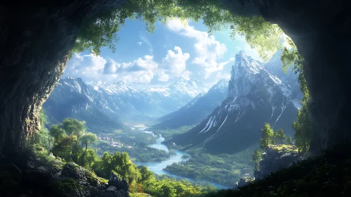 Cave-framed alpine valley where river threads through light.