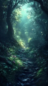 Enchanted Forest Path with Ethereal Light and Verdant Canopy.