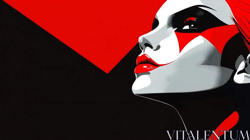 Stylized woman portrait in bold red, black, and white tones.