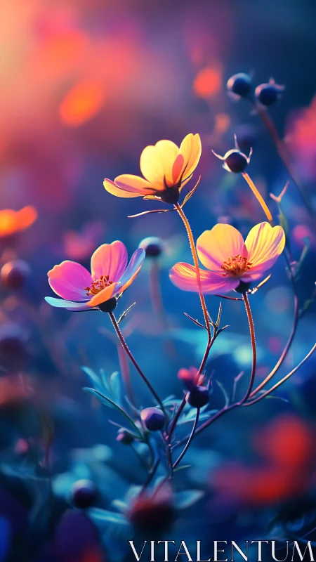 Glowing Cosmos Flowers Bloom in Surreal Light