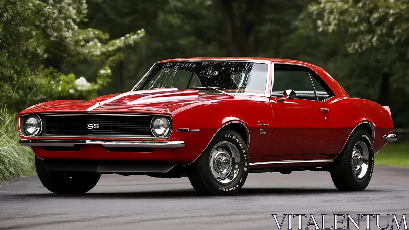 Red classic muscle car parked on quiet tree lined road.