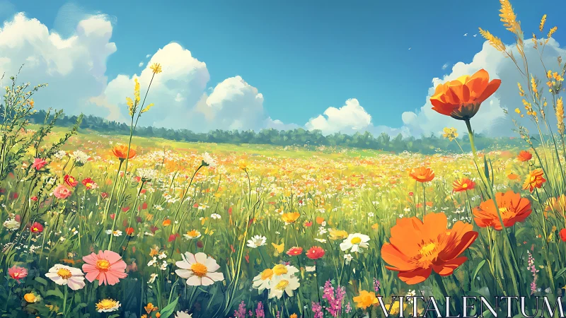 Wildflower meadow under bright summer sky, painterly view.