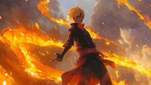 Anime fire wielder commands swirling flames against storm clouds