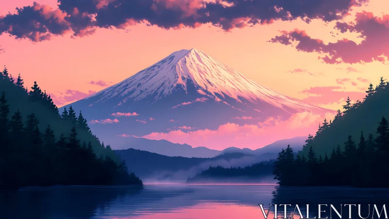 Sunrise calm over snowcapped mountain and misty lake.