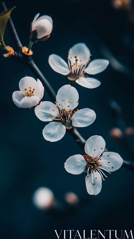 White blossoms glow softly against dark background.