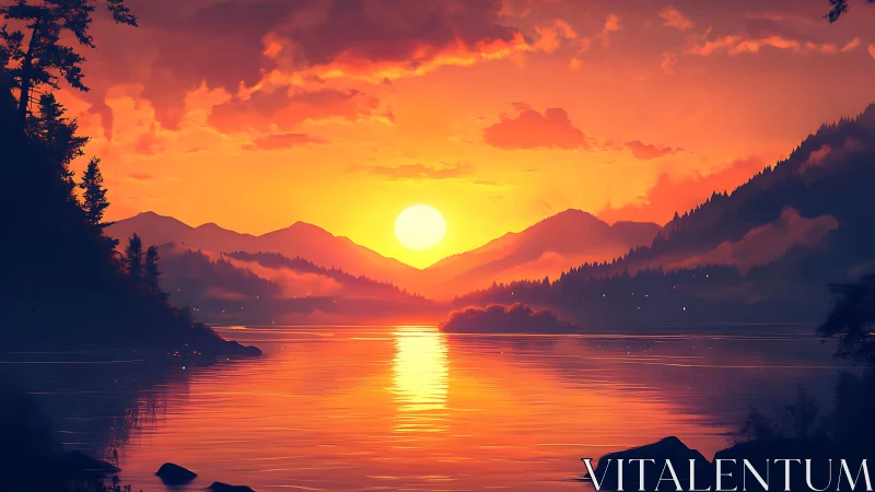 Sunset over calm lake between layered forested hills.