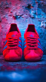Bilateral sneaker product shot under saturated red blue gel lighting