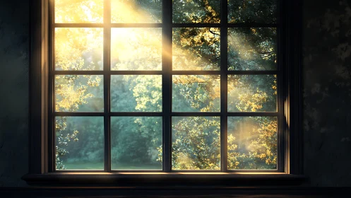 Sunlit forest framed by multi-pane window with volumetric light