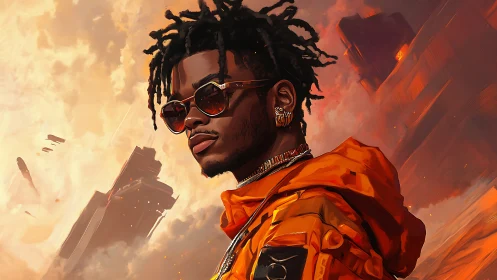 Stylish man in orange jacket in futuristic cityscape.