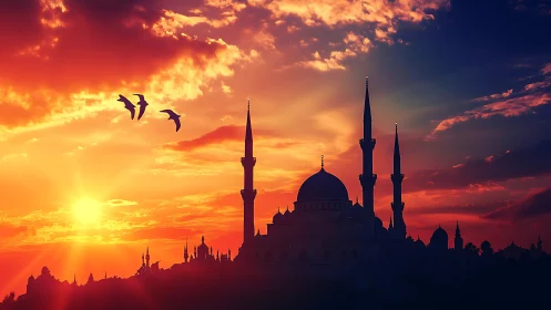Sunset minarets carve a glowing sky of ember and dusk.