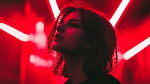 Neon-lit portrait silhouette under saturated red glow.