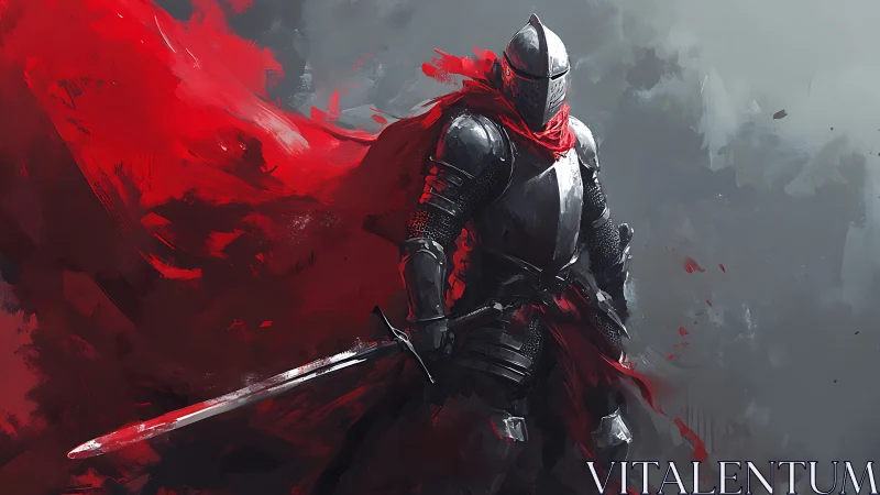 Lone armored knight wrapped in bold crimson storm of courage.