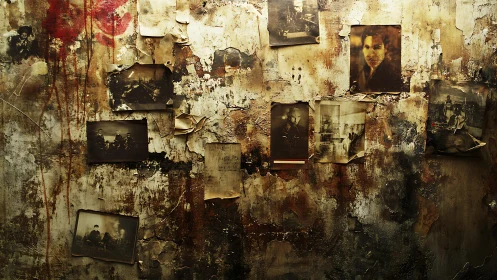 Weathered memory wall of faded photographs and stories.