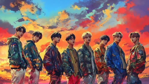 Vibrant boy band stands unified beneath a blazing painted sky