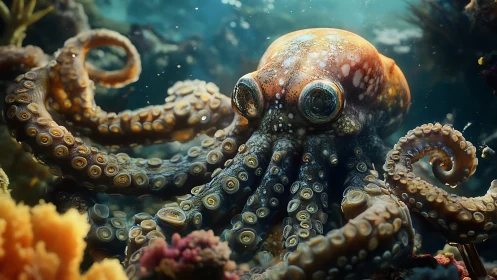 Curious coral diplomat octopus in swirling seawater spotlight.