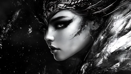 Monochrome avian cyber-muse in fractal feather eruption.