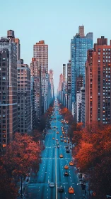Autumn urban avenue with taxis under tall city towers.
