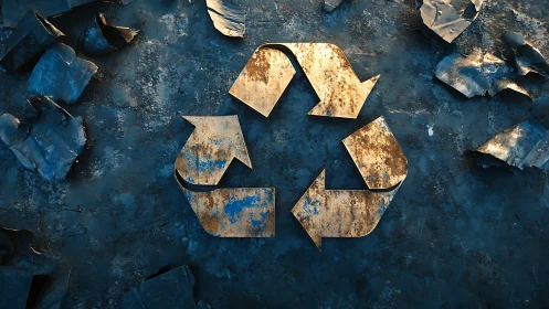 Weathered metal recycling symbol on corroded industrial surface