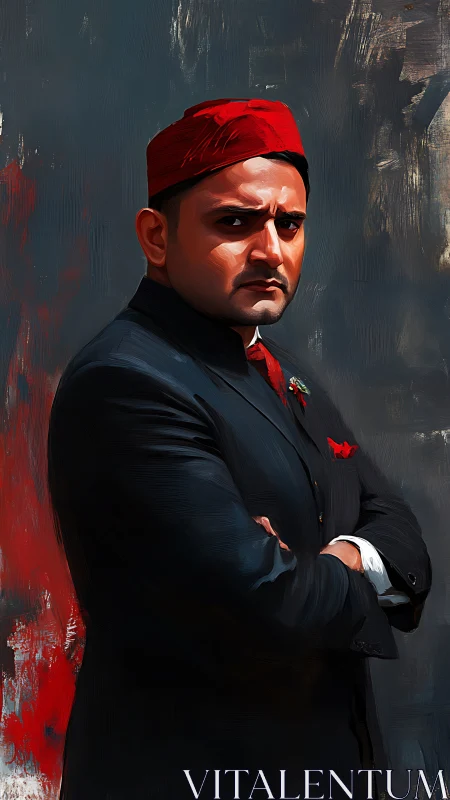 Scarlet-capped dignitary glowers in storm-swept oil hues.