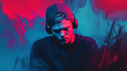 Young man listening to music in bold neon lighting.