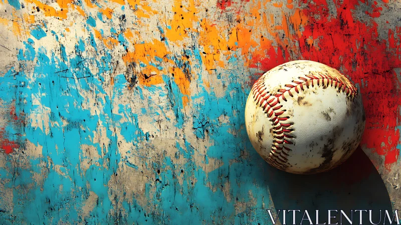 Weathered baseball rests on textured abstract paint wall