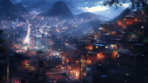Hillside shantytown ignites against a glittering neon metropolis.