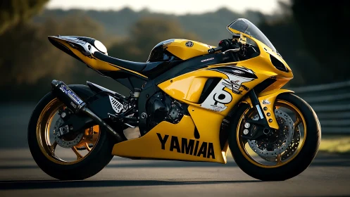 Yellow sport motorcycle with race livery on track surface.