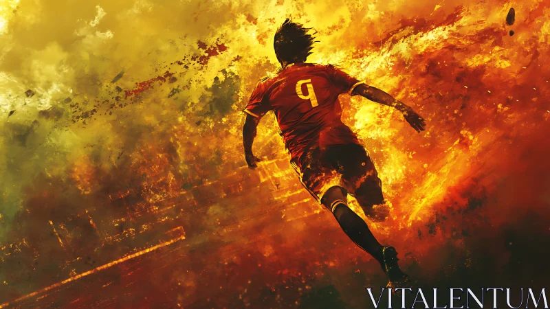 Blazing soccer runner charges forward through fiery motion
