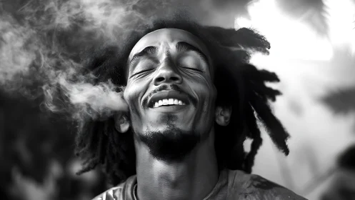 Black and white portrait of man with dreadlocks exhaling smoke.