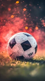 Weathered soccer ball on glowing turf amid fiery bokeh.